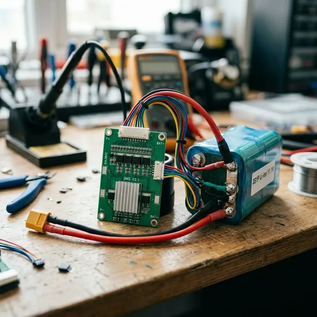 Battery Management System (BMS) Platine verbunden mit einem DIY-Lithium-Akkupack, farbige Balance-Kabel und dicke Silikonleitungen sichtbar