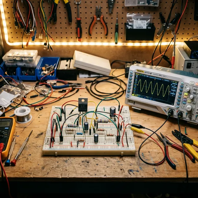 Nahaufnahme einer Maker-Werkbank mit einer BJT-Verstärkerschaltung auf einem Breadboard. Im Hintergrund zeigt ein Digitaloszilloskop eine sauber verstärkte Sinuswelle.