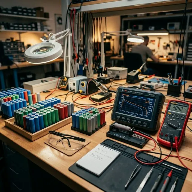 Professionelle Batterie-Testwerkbank mit sortierten 18650-Zellen, Kapazitätstester mit Entladekurve und Multimeter