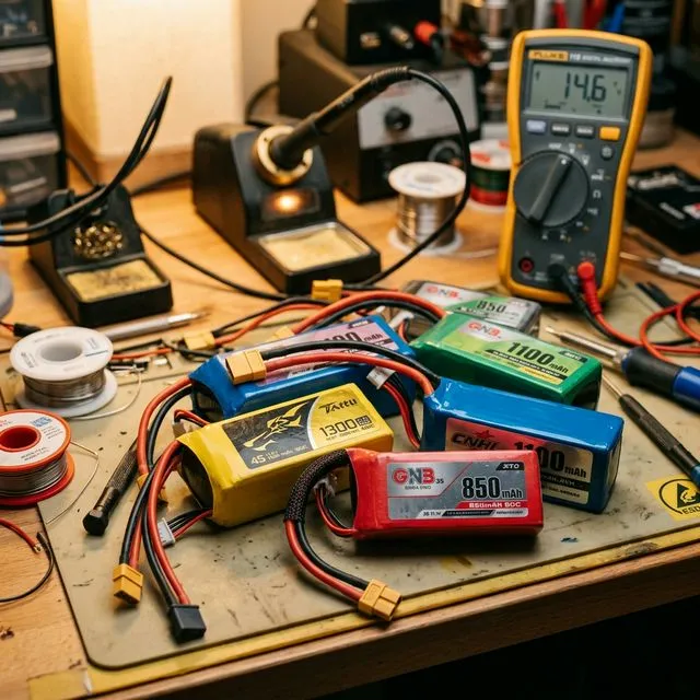 Verschiedene RC-LiPo-Akkupacks mit bunten Schrumpfschläuchen und C-Rate-Aufdrucken auf einer Elektronik-Werkbank neben Lötstation und Multimeter
