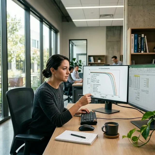 Ingenieurin analysiert Solarzellen-I-V-Kurvendaten auf einem großen Monitor mit Fitting-Parametern, modernes Büro mit Doppelbildschirm