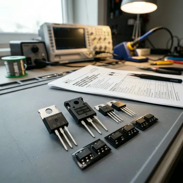 Verschiedene MOSFET-Bauformen auf ESD-sicherer Matte: TO-220, TO-247 und SOT-23 Packages, Datenblatt im Hintergrund