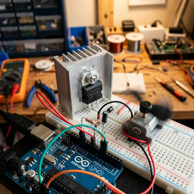 Nahaufnahme eines TO-220 MOSFET mit Kühlkörper auf einem Breadboard, verbunden mit einem Arduino und einem kleinen DC-Motor.