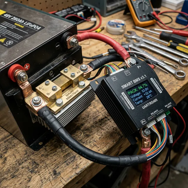 Hochstrom-Smart-BMS und massiver Kupfer-Shunt an Batterie-Terminals montiert