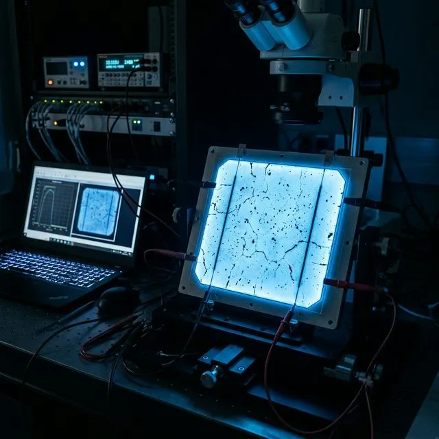 Elektrolumineszenz-Aufnahme einer Solarzelle im Labor, Mikrorisse als dunkle Linien sichtbar, bläulich leuchtende Zelle