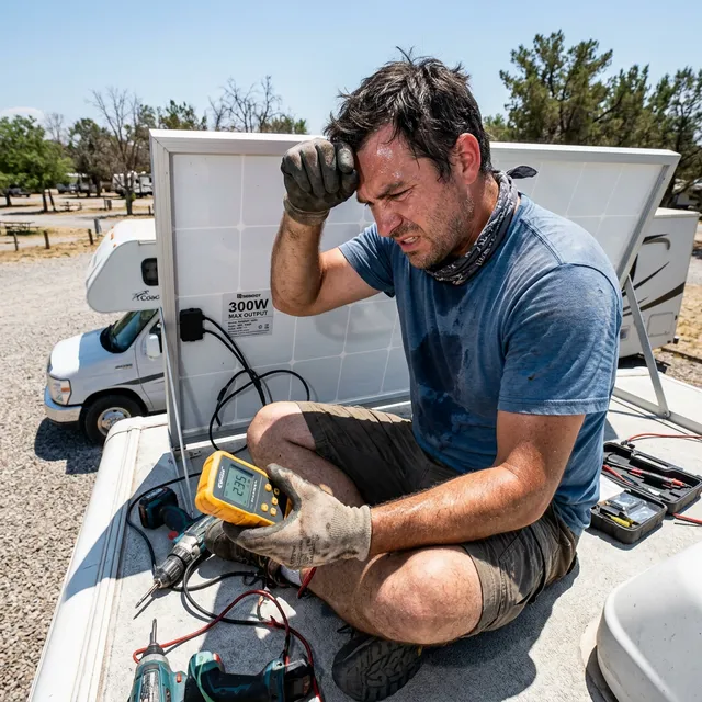 Erschöpfter Heimwerker schwitzt auf einem Wohnmobildach neben einem großen Solarpanel in gleißender Sommersonne. Er blickt frustriert auf ein Wattmeter, das 235W statt der erwarteten 300W anzeigt.