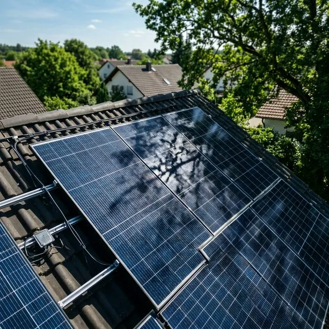 Solarpanels auf einem deutschen Hausdach mit sichtbarer Teilverschattung durch einen nahestehenden Baumast, der Schatten auf ein Modul wirft