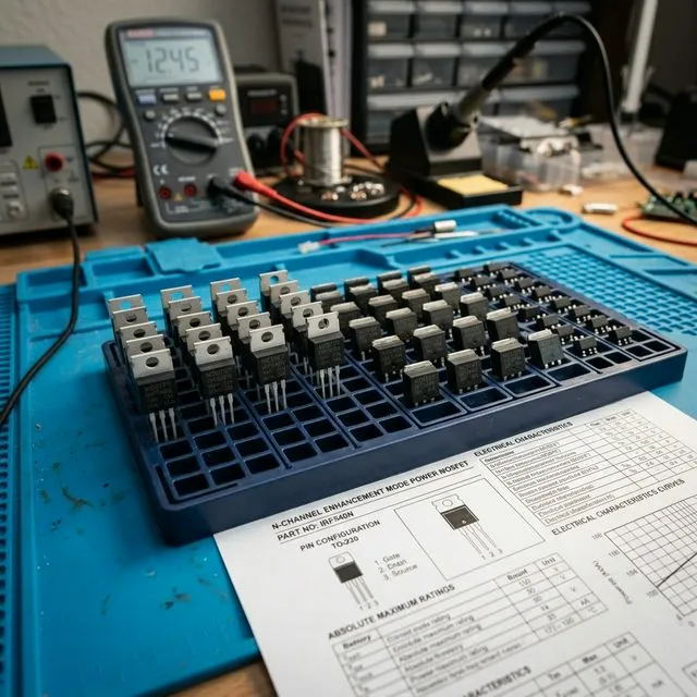 Organisierte Sammlung von Power-MOSFET-Transistoren in verschiedenen Gehäusen (TO-220, D2PAK) auf einer Bauteilablage mit Datenblatt im Elektroniklabor