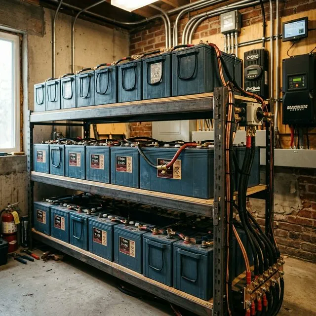 Industrielle Blei-Säure-Batteriebank auf einem Metallregal mit dicken Kupferkabeln in einem Off-Grid-Solarspeicherraum
