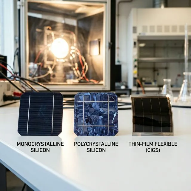 Drei Solarzellen-Typen im Vergleich: monokristalliner, polykristalliner und Dünnschicht-CIGS-Wafer nebeneinander auf einem Labortisch mit Solarsimulator im Hintergrund