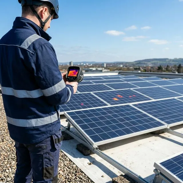 Techniker auf einem Flachdach verwendet eine Wärmebildkamera zur Temperaturmessung an einer Solarpanel-Installation bei Sonnenschein